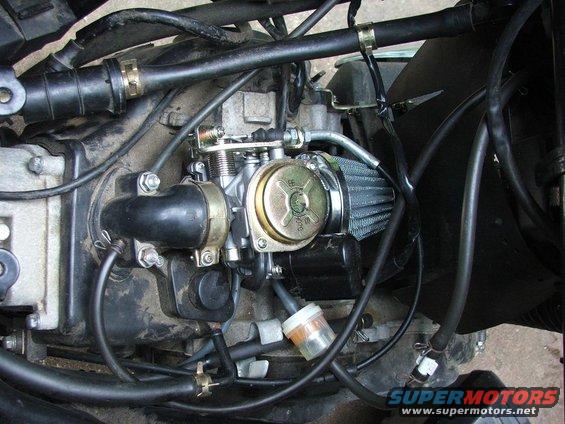 Scooter engine with carburetor, air filter, and fuel line. Close-up view of engine components