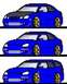 1999 Ford Taurus - Pixel art depicts three blue vehicles, two sedans and a wagon, with custom modifications.