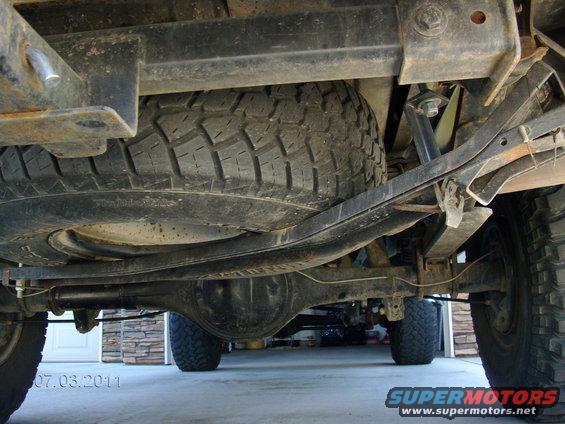 Undercarriage view of a truck showing the spare tire mounted underneath, leaf springs, and rear differential