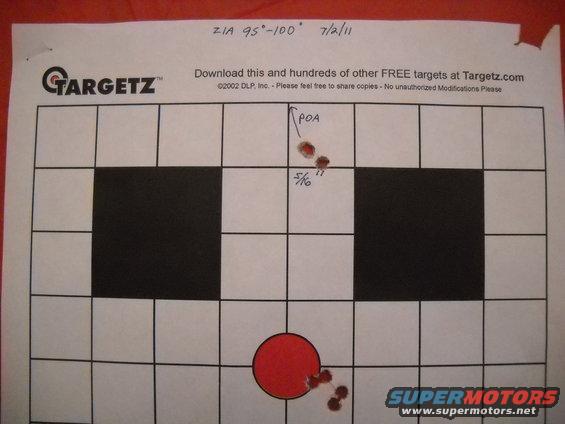 Target with bullet holes, 'POA' and '5/16"' annotations, and 'SUPERMOTORS' logo