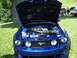 1975 Ford Ranchero - Front view of a blue Ford Mustang with its hood open, revealing the engine compartment.