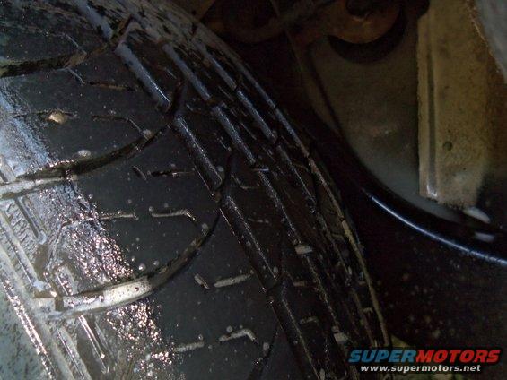 Close-up of a wet tire tread with visible water droplets