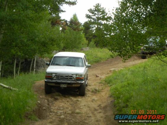 White SUV driving on a dirt road with trees on either side. Another vehicle is visible in the background