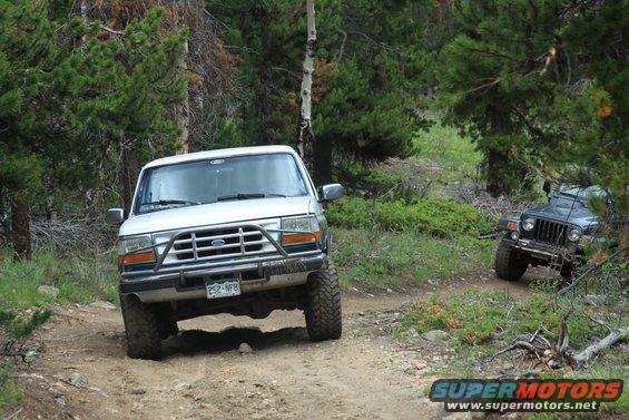1996 Ford Bronco and Jeep Wrangler on a dirt road in a forest
