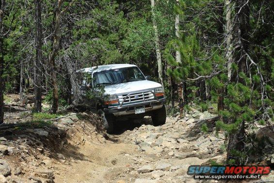 1996 Ford Bronco navigating a rough, rocky forest trail