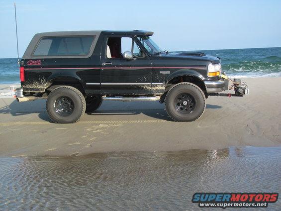Black SUV parked on a sandy beach with the ocean in the background