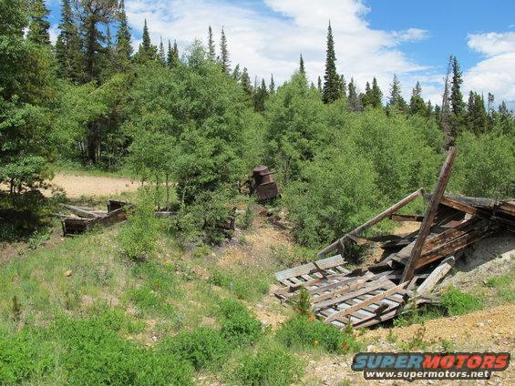 Overgrown mine ruins with collapsed wooden structures and rusty metal debris on a wooded hillside
