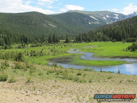Mountain valley with a winding stream and evergreen trees under a blue sky with clouds
