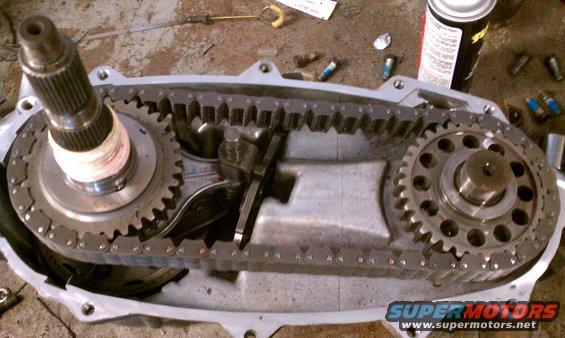 Transfer case with chain and gears exposed. Shaft with splines on left