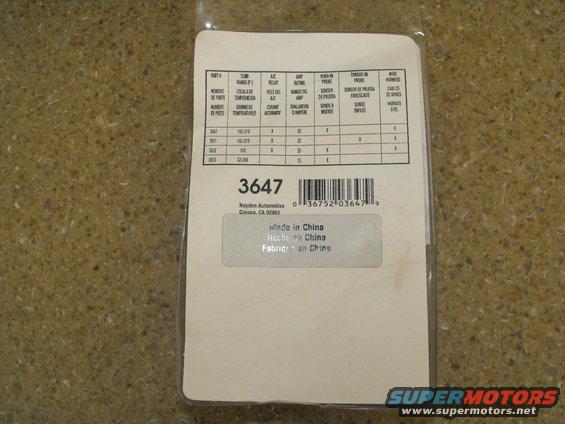 Part number 3647 packaging with specifications table and barcode