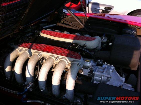 Ferrari V8 engine with red cam covers and intake runners. Another car is partially visible in the background