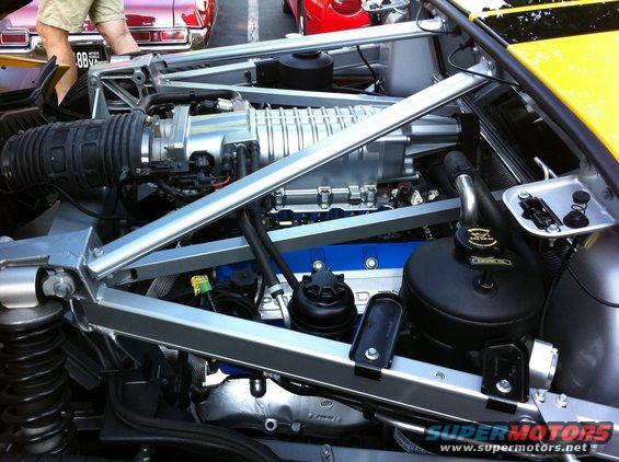 Supercharged V8 engine bay with prominent silver supercharger and blue valve covers. "SUPER MOTORS" watermark visible