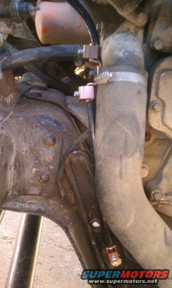 close-up of engine bay with hoses and metal brackets