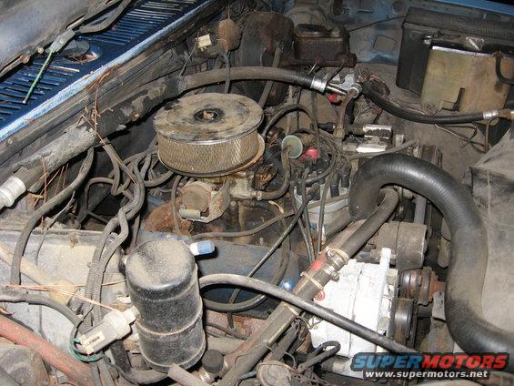 Engine bay with carburetor, air filter, distributor, and alternator visible