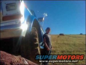 Close-up of a large off-road tire and fender of a vehicle against a clear blue sky