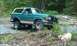 1990 Ford Bronco - 1990 Ford Bronco in a wooded area with a dog and stacked logs in the background.