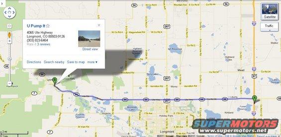 Google Maps screenshot with route highlighted, showing business info for U Pump It in Longmont, CO