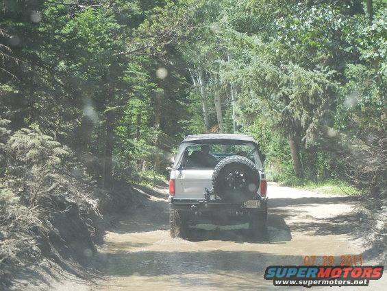 Silver Ford Bronco driving on a dirt road through trees, splashing water