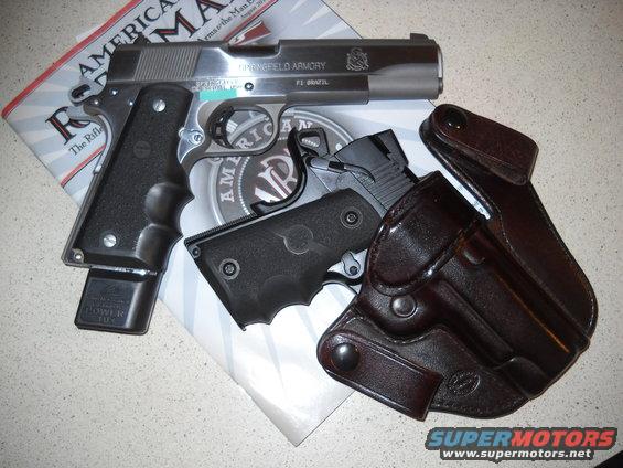 Springfield Armory 1911 pistol with extended magazine and leather holster