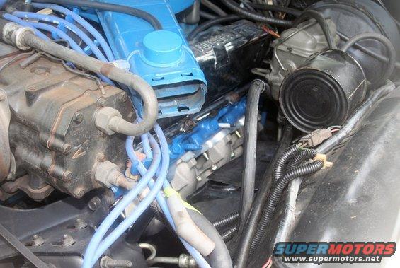 Close-up of engine bay with blue spark plug wires and black components