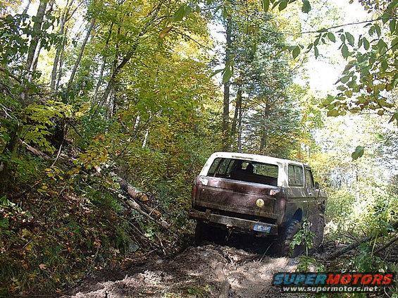 1978 Ford Bronco navigating a muddy, wooded trail with fallen branches