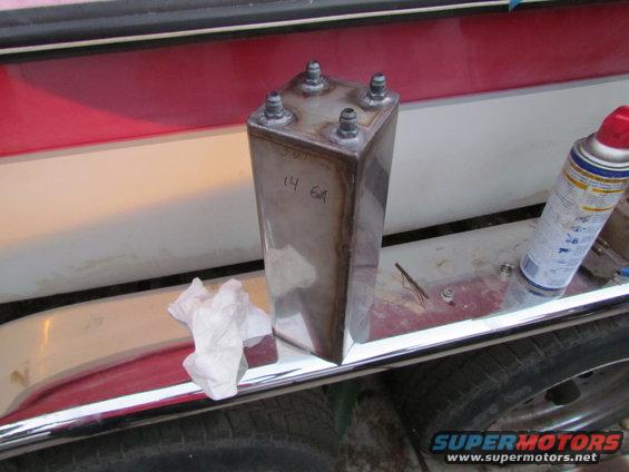 Custom metal fuel tank with four fittings and handwritten '14 6A'