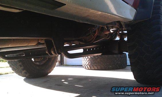 Undercarriage view of a truck with large tires and suspension components