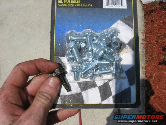 hand holding a single oil pan bolt next to a package of oil pan bolts