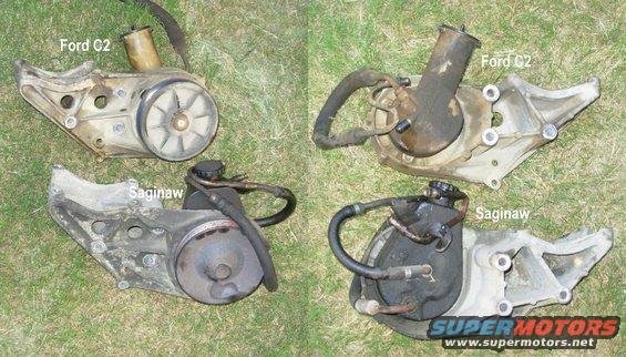 03compare.jpg The tools to remove the C2 pump are the same, except the 1/2 combination isn't necessary because the line fittings are both 5/8.  I chose to use the truck's original return line (since it has a cooler loop), so I also needed to remove the return hose clamp from the reservoir nipple (capped in the pic).  I also removed the wiring brace from the Sag & discarded it.

[url=http://www.supermotors.net/registry/media/512865][img]http://www.supermotors.net/getfile/512865/thumbnail/pspumpcii.jpg[/img][/url] . [url=http://www.supermotors.net/registry/media/513526][img]http://www.supermotors.net/getfile/513526/thumbnail/pspumpsaginaw.jpg[/img][/url]

The way I pulled them is:
1) remove the intake hoses, and the belt from the A/C & P/S pullies
2) remove the clutch connector & the 4 compressor bolts, then set the compressor back
3) remove the 3 bracket bolts (release the wiring from the bracket on the back of the Sag) and set the assembly on the frame rail behind the steering box
4) remove the lines & lift the pump/bracket out
5) reverse for installation

[url=http://www.supermotors.net/vehicles/registry/media/1036300][img]http://www.supermotors.net/getfile/1036300/thumbnail/saginaw88.jpg[/img][/url] . [url=http://www.supermotors.net/registry/media/1066430][img]http://www.supermotors.net/getfile/1066430/thumbnail/07in17.jpg[/img][/url]

Remember that I can't test these JY pumps without fully installing & driving them, so I DON'T.  Think of the pump as a core to be traded in at a parts store when you buy a reman.  If the JY pump works when you install it, you don't have to buy that reman for a few years.  But I'm only selling the bracket, hoses, & bolts.