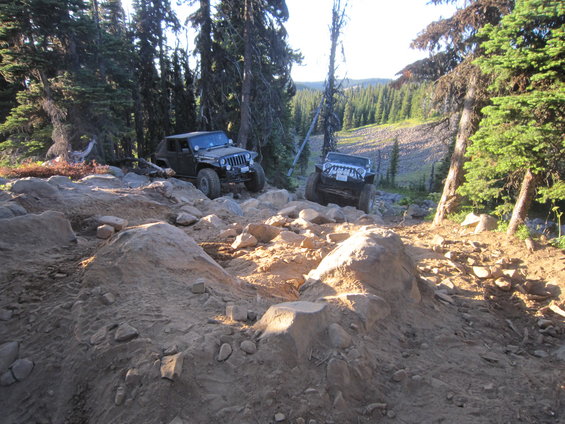 Two dark-colored Jeep Wranglers on a rocky, off-road trail with trees and a hillside in the background