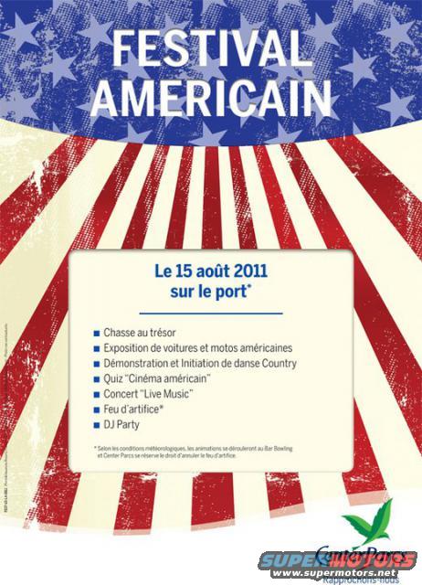 Poster for 'Festival Americain' on August 15, 2011, listing activities like treasure hunt, car and motorcycle exhibition, and DJ party
