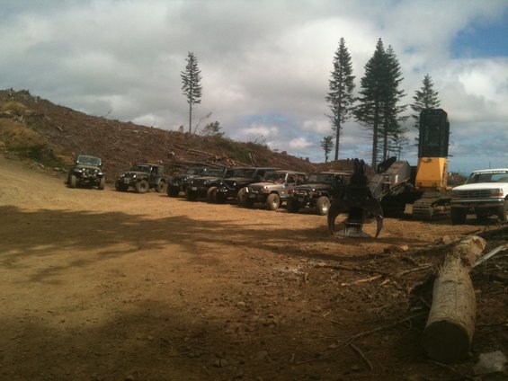 Several Jeep Wranglers parked in a dirt lot with logging equipment and a deforested hillside in the background