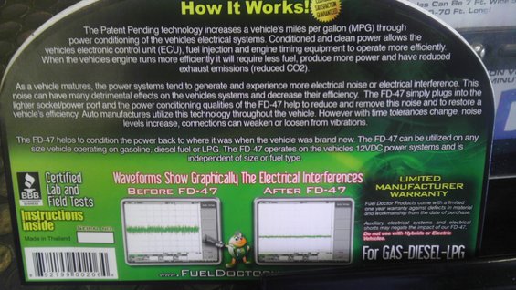 Product packaging for Fuel Doctor FD-47, showing text about how it works and waveforms before and after installation
