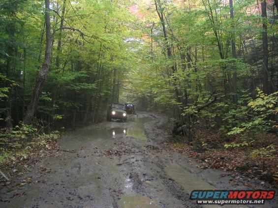 Two off-road vehicles navigate a muddy, rutted road through a dense forest