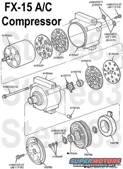 accompfx15.jpg FX-15 Compressor Exploded
Use Clutch Shim Kit [url=http://www.amazon.com/dp/B000C5HYDY/]Motorcraft YF1800A[/url]