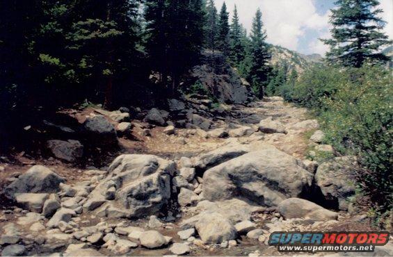 Rocky mountain trail with trees and boulders