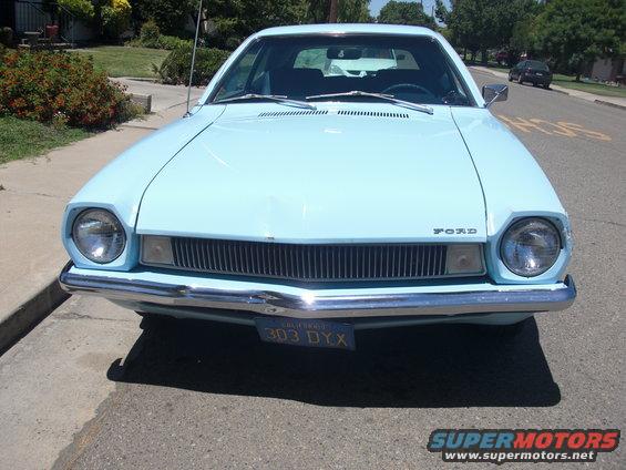 1972 Ford Pinto front view, light blue paint, California license plate 303 DYX