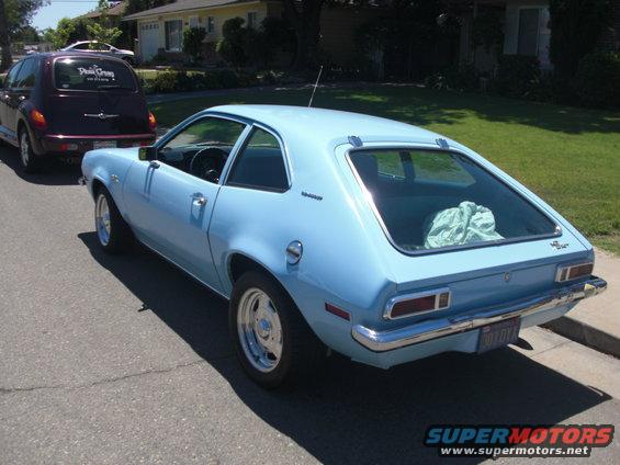 Light blue 1972 Ford Pinto hatchback, rear view