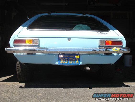 Rear view of a light blue 1972 Ford Pinto hatchback with a California license plate