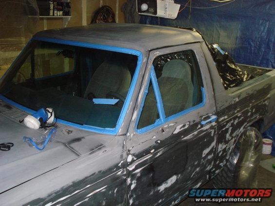 1987 Ford Bronco II bodywork in progress, windows taped off