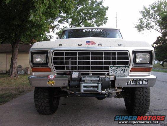 White 1978 Ford Bronco front view with winch and Colorado license plate