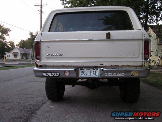 White 1978 Ford Bronco rear with Colorado license plate 905-PAF and Moroso sticker