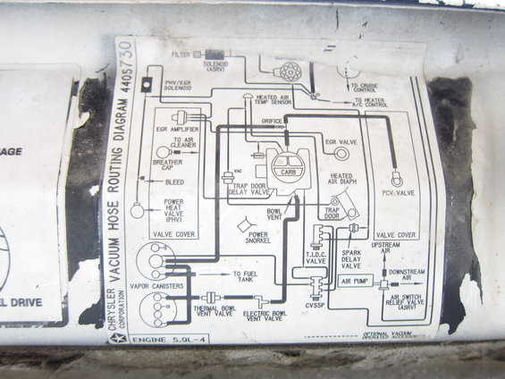 Vacuum hose routing diagram sticker on a vehicle, showing engine components and connections