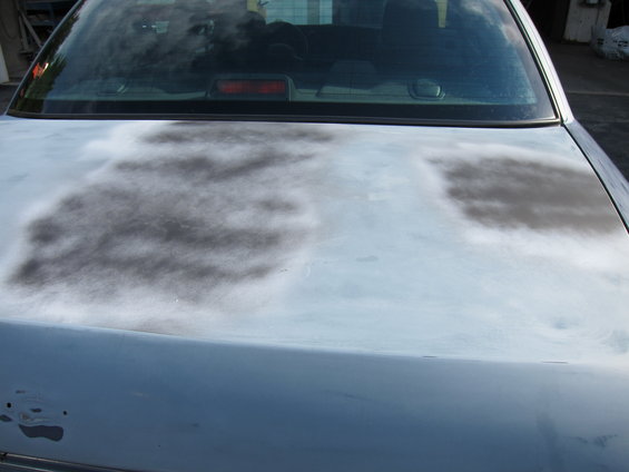 Car trunk with primer and sanding marks. Rear window visible