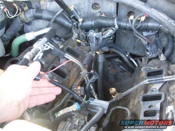 After cutting these 2 wires, the harness comes out.

Note the 2 brass 45&deg; elbows installed for the OPS extension (one of which cracked & leaked a few months after this pic).  I've also installed a new piece of 3/8" hose from the hard line to the FFM so it can be raised.

Cover the intake ports on the heads so nothing can fall inside.  I was lucky.