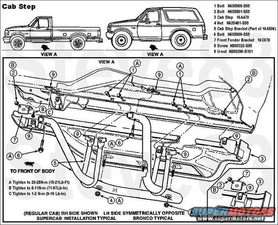 01stepinstalla.jpg '94-96 F-series & Bronco Cab Steps (Running Boards F1TZ16450AK) (Original kit: F3TZ-16450-L)
IF THE IMAGE IS TOO SMALL, click it.

ERROR: The L bracket #7 in the Bronco inset (for the quarter panel) is NOT the same PN as the front one (also marked #7).  The (Bronco only) rear bracket (F4TZ16488A) has 2 anti-spin tabs; the front (F2T316C078AB) has only 1.  The same bracket is used (in each case) for Left & Right.
UPDATE: As of 2023, I have the small front & rear L brackets that connect the ends of the fiberglass steps to the body, and the bridges glued to the steps' ends for sale.

[url=https://www.supermotors.net/vehicles/registry/media/1129815][img]https://www.supermotors.net/getfile/1129815/thumbnail/endclips.jpg[/img][/url]

NOT CALLED OUT: foam self-adhesive weatherstrip (F2TZ16536B) on top edge of step (#3) very similar to [url=https://www.amazon.com/dp/B01CJRIT22]TrimLok P-bulb HT[/url] but replaceable by [url=https://www.amazon.com/dp/B07YRS7S78]twin bulb strip[/url].

Installation & Alignment:
1) Install the step assembly (#3) onto the bracket (#5) using 2 nuts (#4, 13mm hex)
2) Install bracket (#7, x2 for Bronco) loosely
3) Position the step & bracket below the body; install 4 rocker bolts (#1, 10mm hex) loosely
4) Install 2 inboard bolts (#6, 10mm hex) loosely
5) Raise step so its top edge contacts the bottom lip of the rocker/fender/quarter; align the front curve of the step with the front wheel arch; tighten 4 rocker bolts
6) Push the step inboard so its outboard edge aligns with the lowest body line; tighten 2 inboard bolts
7) Install 2 tab bolts (#2, 8mm hex) and bracket screw (#8, 5.5mm hex, x2 for Bronco) and tighten

The factory bracket is made of thin-walled steel tubing that was only painted on the OUTside, so it collects water & mud, and rusts from the inside out.  It's also very susceptible to damage. The factory bracket #5 without anything attached weighs ~5lbs;  I'm not sure how much [url=https://shop.broncograveyard.com/1992-1997-Ford-Bronco-and-F-Series-Truck-Running-Board-Support-Bars/productinfo/35510/]the $500 reproduction version[/url] weighs (but it won't work if your steps' long studs are rusted off); mine weighs 13.5 lbs.  If you want a set, scroll down (or keep clicking &quot;[url=http://www.supermotors.net/registry/media/855872]NEXT[/url]&quot; at the top left of the page if you're only looking at this diagram) and read all the captions in this photo album.

See also:
[url=https://www.supermotors.net/registry/media/900087][img]https://www.supermotors.net/getfile/900087/thumbnail/steplshort.jpg[/img][/url] . [url=https://www.supermotors.net/registry/media/907148][img]https://www.supermotors.net/getfile/907148/thumbnail/stepbracketsoe.jpg[/img][/url] . [url=https://www.supermotors.net/registry/media/162721][img]https://www.supermotors.net/getfile/162721/thumbnail/stepshield.jpg[/img][/url]
___________________________________________________________
TSB 95-08-06 RUNNING BOARDS - INCORRECTLY INSTALLED -NOISE VIBRATION HARSHNESS CONCERNS
Publication Date: APRIL 24, 1995 (This TSB is being republished in its entirety to include vehicles through the 1995 model year.)

LIGHT TRUCK:
1987-90 BRONCO II
1987-95 BRONCO, ECONOLINE, F-150-350 SERIES, RANGER
1988-95 F SUPER DUTY
1991-95 EXPLORER

ISSUE: Running boards which are incorrectly installed may result in noise/vibration complaints.

ACTION: Install running boards to either the body OR the frame; NEVER to both unless the mounting system uses isolated mounts.  A manufacturer's instruction to attach running boards to both body and frame should be immediately questioned because such action provides a direct path from chassis to body for road vibration and noise.

OTHER APPLICABLE ARTICLES: NONE
SUPERSEDES: 91-04-11
WARRANTY STATUS: INFORMATION ONLY
OASIS CODES: 108000, 702000, 703000