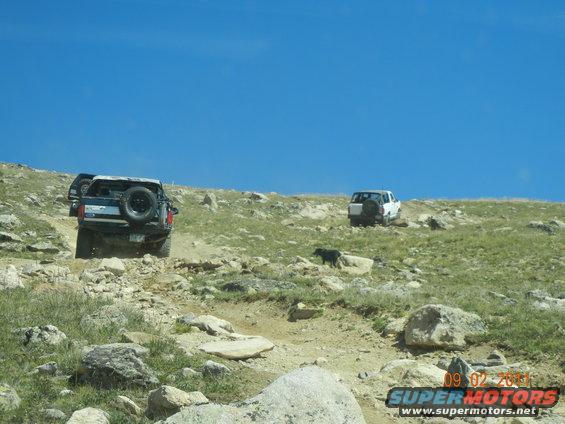 Two SUVs driving up a rocky mountain path with a dog nearby