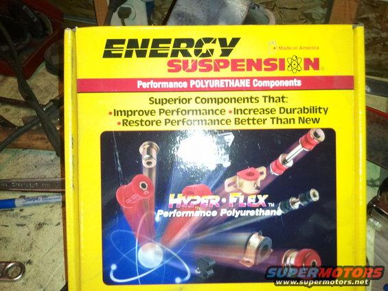 Yellow box for Energy Suspension polyurethane components, showing red and tan bushings