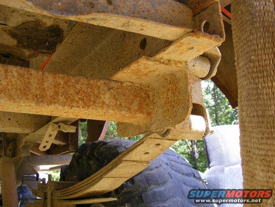 Close-up of heavily rusted vehicle frame and leaf spring assembly. Tire visible below