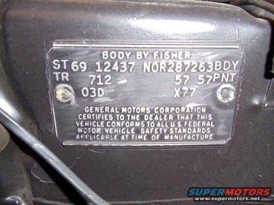 Vehicle identification plate with "ST 69 12437 NOR287263BDY" and "BODY BY FISHER" visible